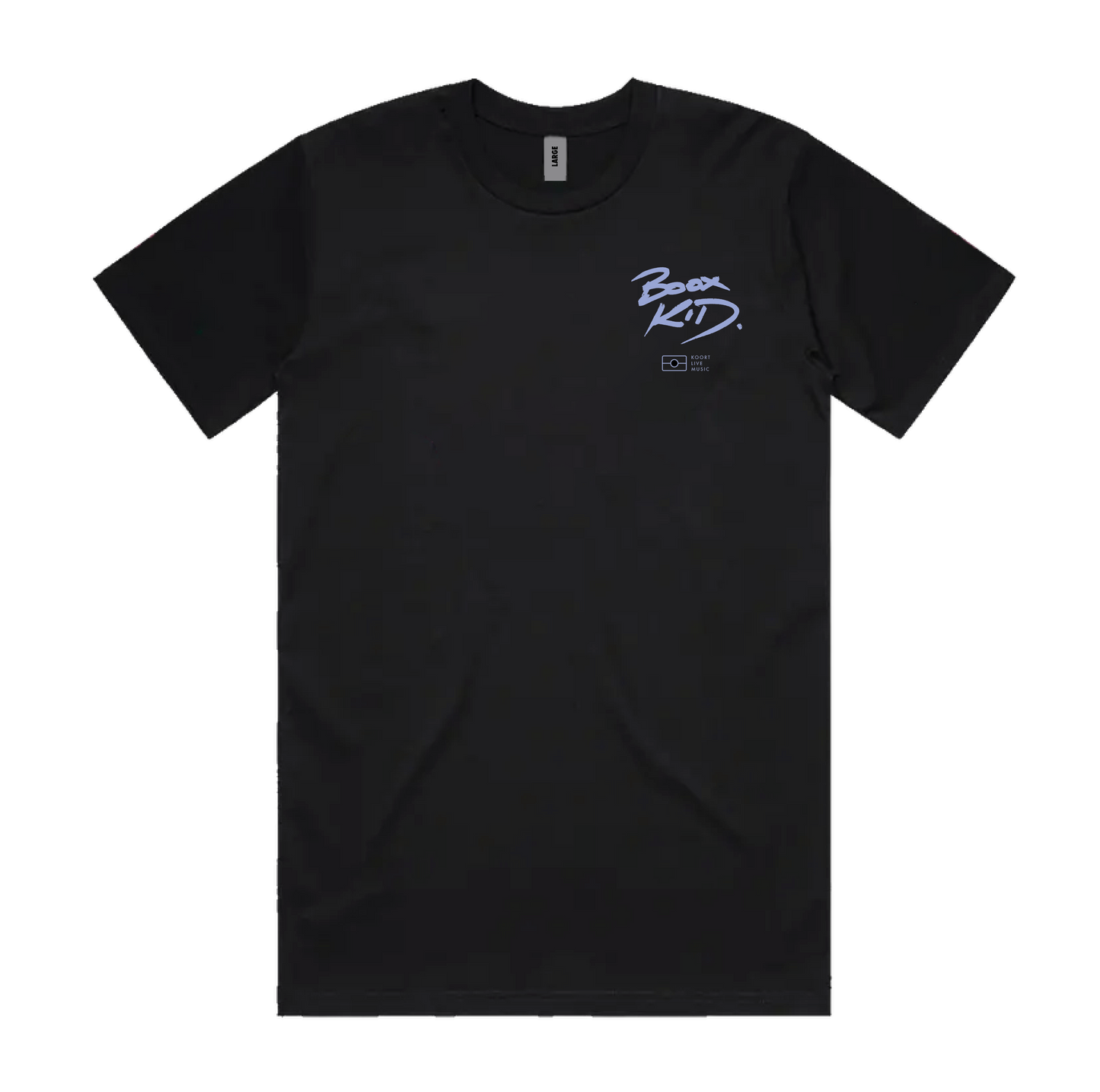 Boox Kid tee shirt - large size only. Boox Kid logo in lef thand corner with Aboriginal Flag outline and Koort (Love in Noongar) Live Music