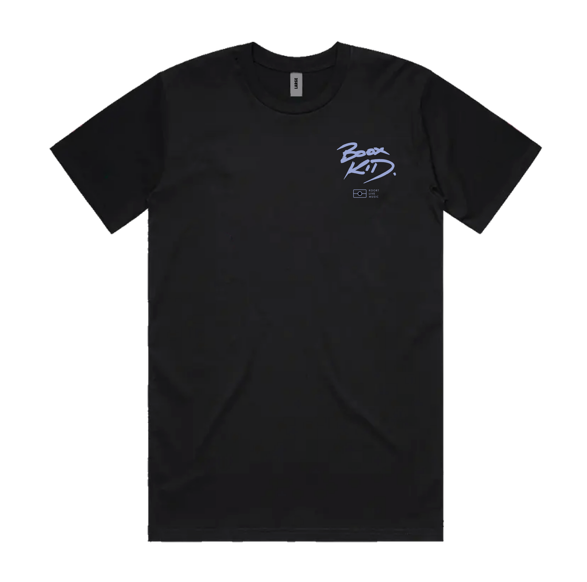 Boox Kid tee shirt - large size only. Boox Kid logo in lef thand corner with Aboriginal Flag outline and Koort (Love in Noongar) Live Music