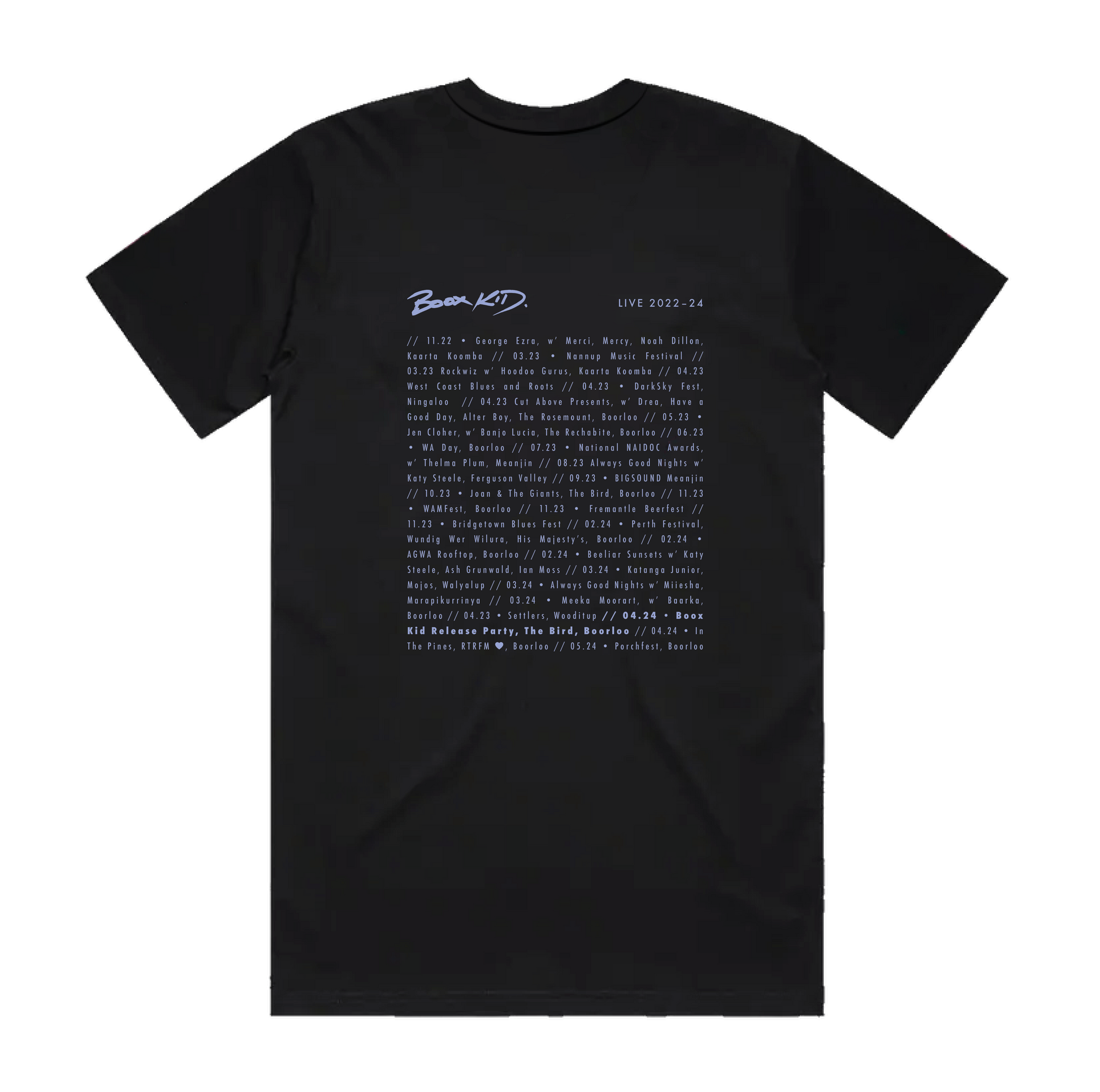 Boox Kid tee shirt - large zie, back design. Displays Boox Kid Logo and a list of Live shows from 2022 to 2024, inclusive of Boox Kid's debut EP launch