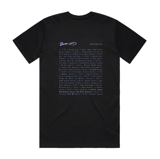Boox Kid tee shirt - large zie, back design. Displays Boox Kid Logo and a list of Live shows from 2022 to 2024, inclusive of Boox Kid's debut EP launch